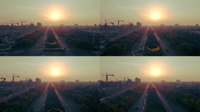 航拍日落时的上海临港新区城市马路实景空境