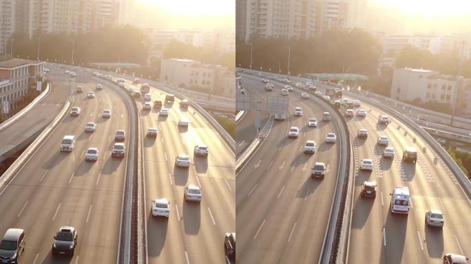 城市高架桥高速公路的车流无人机追车航拍