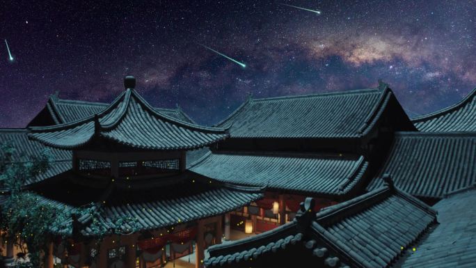 月光星空无缝循环屋顶古建筑唯美流星