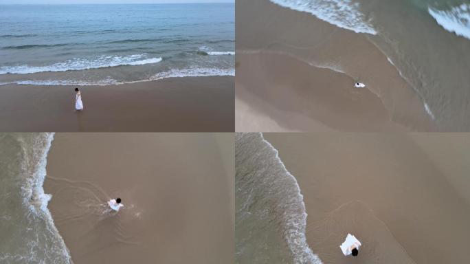 4K海边沙滩白衣少女震撼唯美航拍