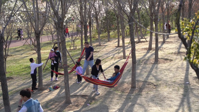 公园人群游玩吊床