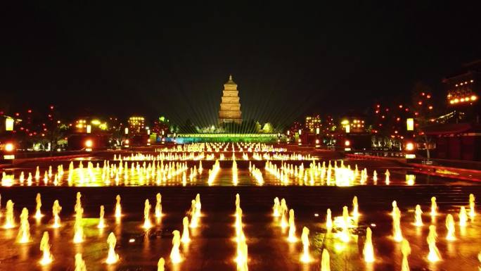 航拍古建筑西安大雁塔音乐喷泉夜景