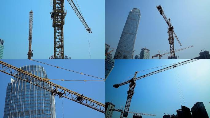实拍城市建筑工地塔吊施工