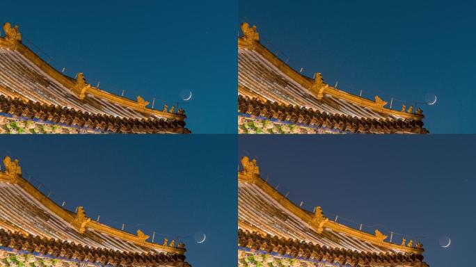 古建筑与月亮快速移动延时摄影