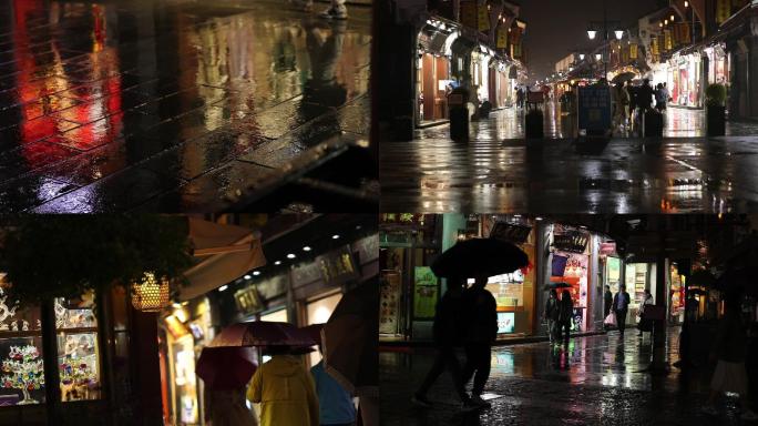 雨天古街街区夜景（杭州河坊街）