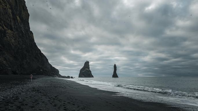 4K北欧冰岛黑沙滩雷尼斯岩延时摄影