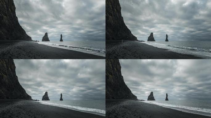 4K北欧冰岛黑沙滩雷尼斯岩延时摄影