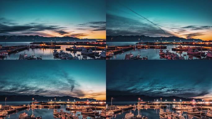 4K冰岛海洋港口渔船黄昏日转夜延时摄影