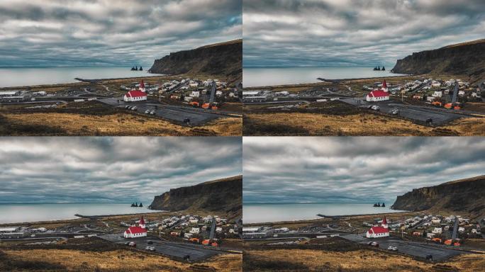 4K冰岛海边教堂荒原乌云密布延时摄影