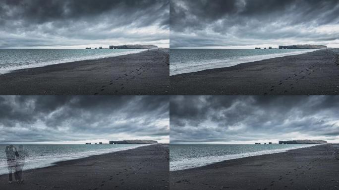 4K冰岛黑沙滩海岬海浪狂风暴雨延时摄影