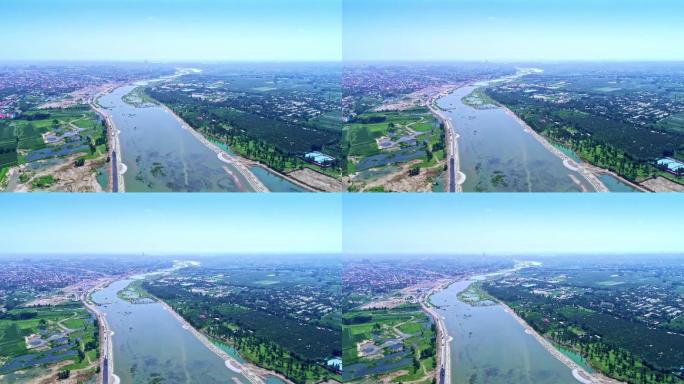 航拍河流城市运河水系七里河