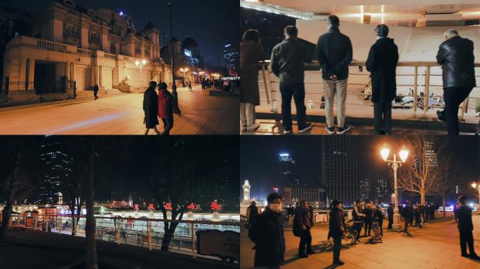 天津海河北安桥边夜景休闲散步人群