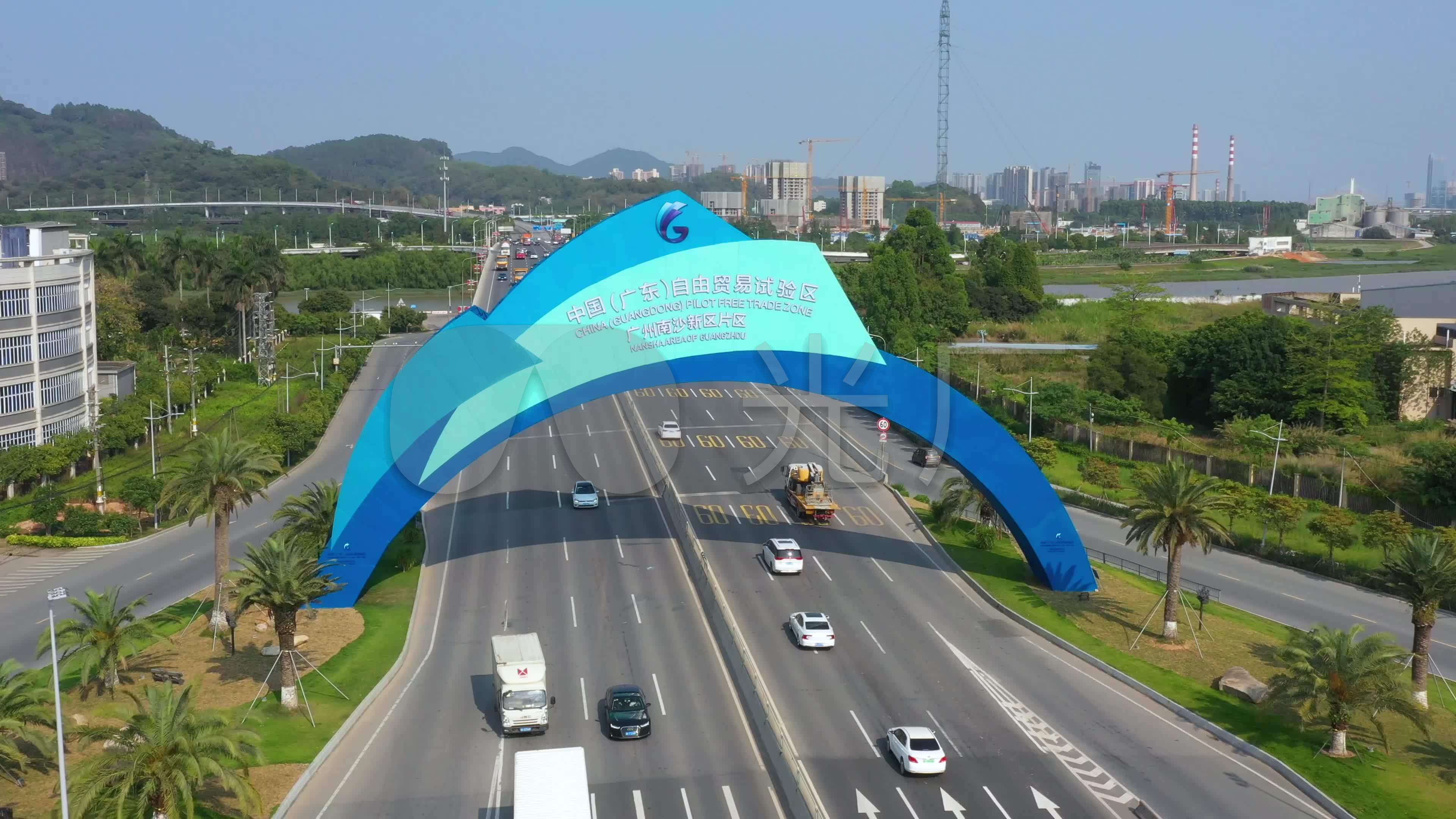 南沙自贸区标志拱门牌坊5航拍4k_3840x2160_高清视频素材下载(编号