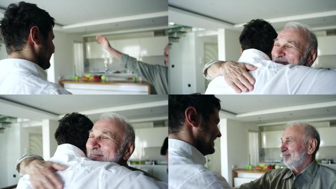 父亲和儿子在客厅拥抱