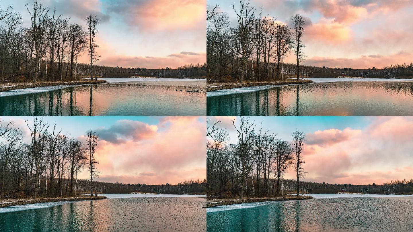 长白山露水河森林公园冬季黄昏日落延时摄影