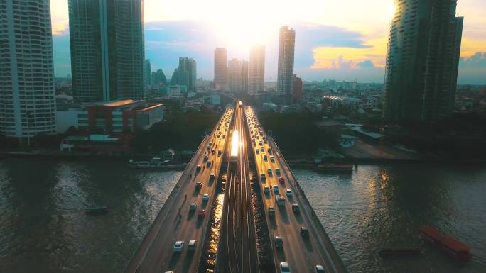 日落时曼谷鸟瞰图首都城市市中心区动金融和