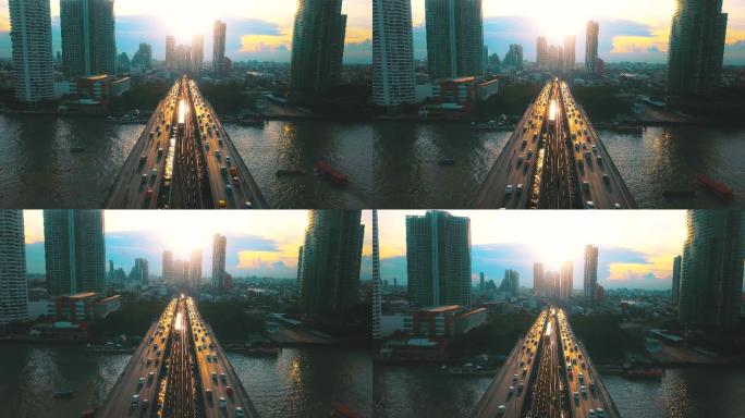 日落时曼谷鸟瞰图首都城市市中心区动金融和