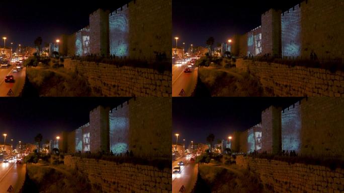 以色列耶路撒冷老城古城墙雅法门外景夜景