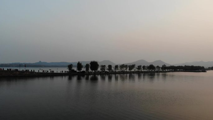 杭州西湖落日夕阳美景航拍