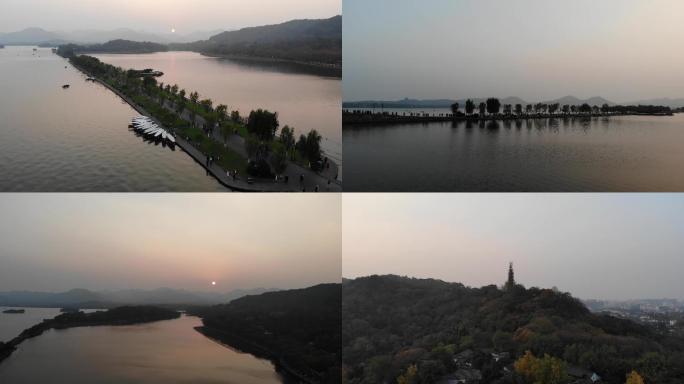 杭州西湖落日夕阳美景航拍