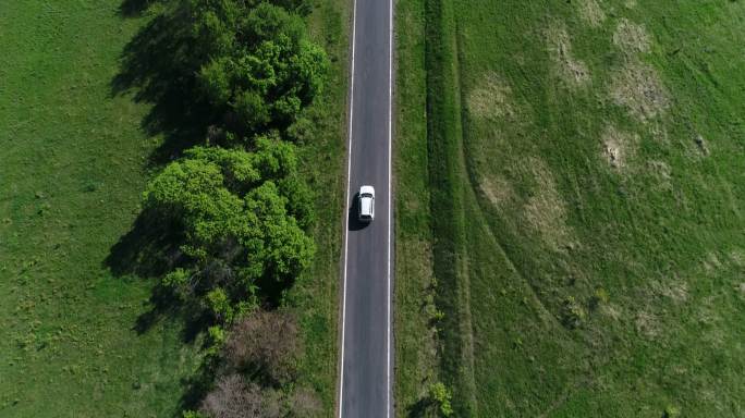 乡村公路上行驶的白色轿车