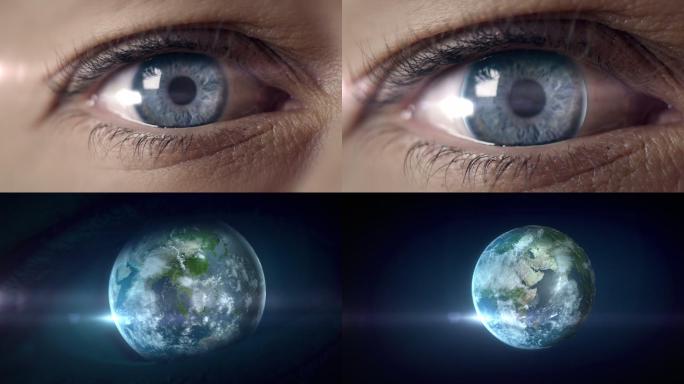 眼睛变成地球睁眼眼睛近景瞳孔特写发现看到