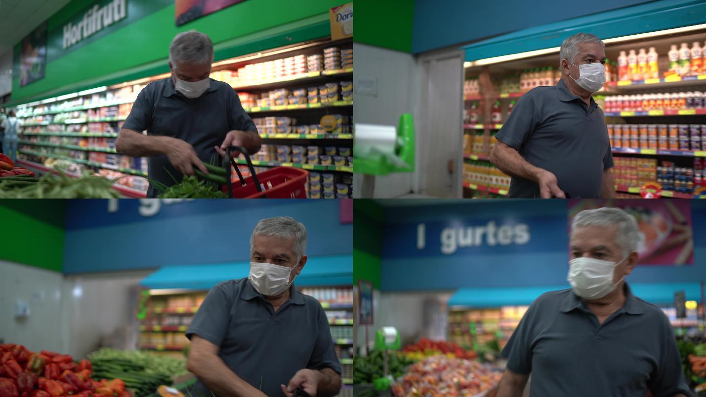 老人戴着一次性医用口罩在超市购物