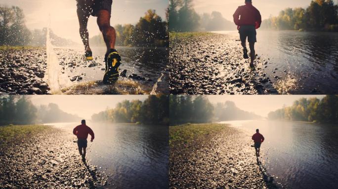 河边慢跑跑步特写慢动作晨跑户外运动