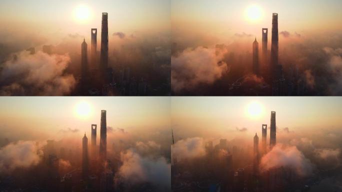 上海外滩日出平流雾航拍4k