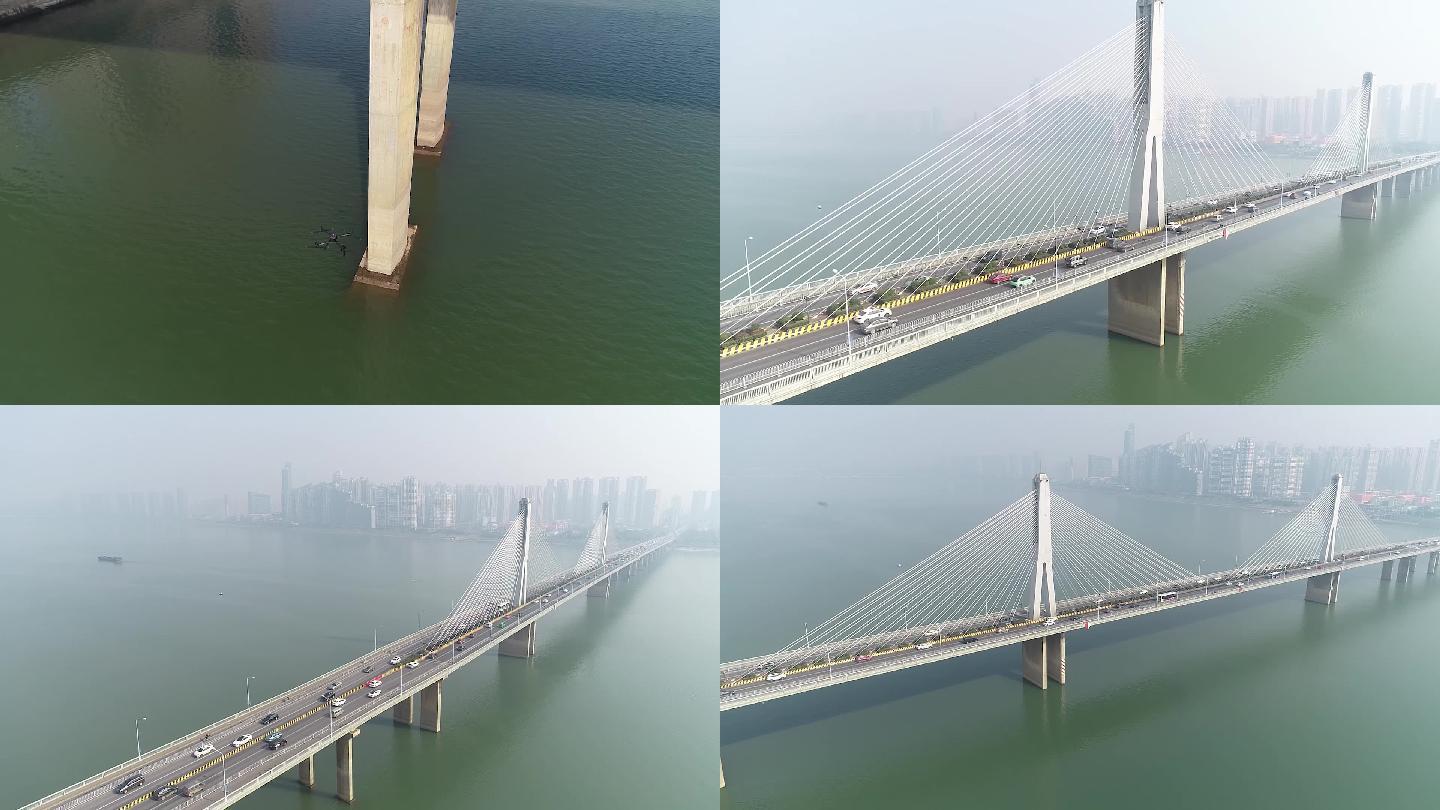 航拍摄影湖南长沙拉索桥桥梁车辆桥面摄影
