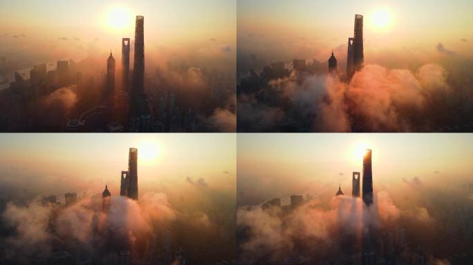 上海外滩日出平流雾