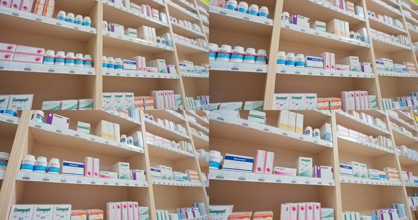 药店的货架上整齐地堆放着药品