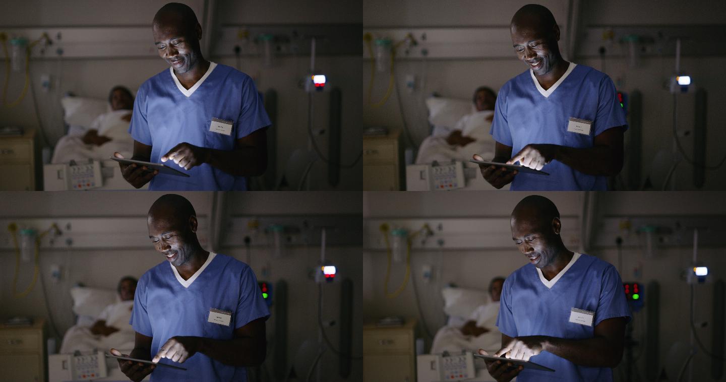 医生在医院病房使用数字平板电脑