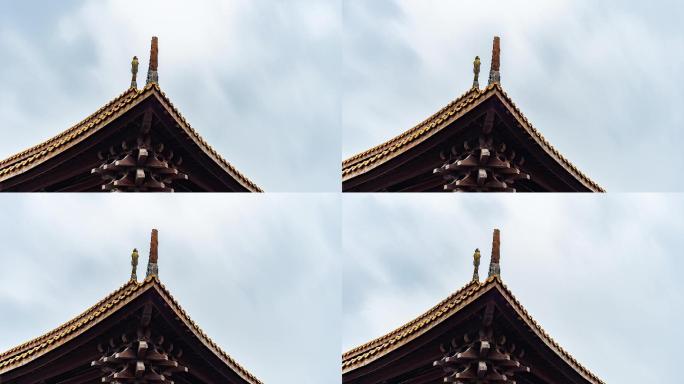 阴雨天的中式古代建筑屋顶延时摄影