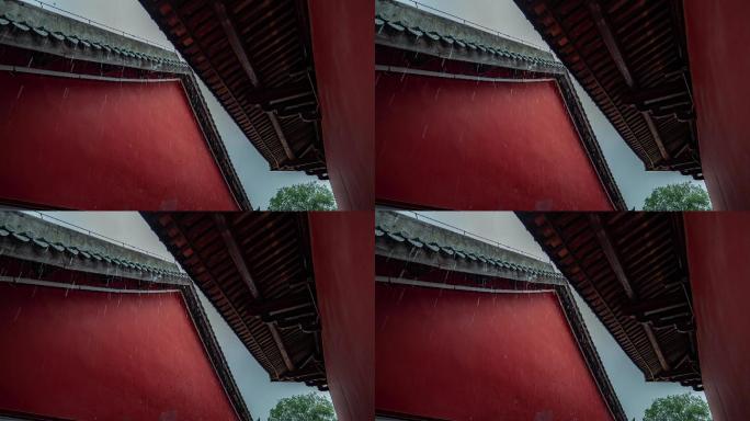 南宁孔庙中式古代建筑屋顶飞檐翘角斗拱雨景