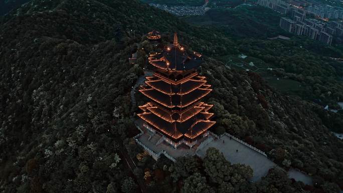 杭州半山国家森林公园望宸阁夜景航拍