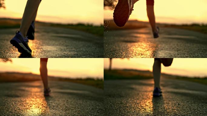 跑步、脚部特写背影脚步鞋子夕阳逆光