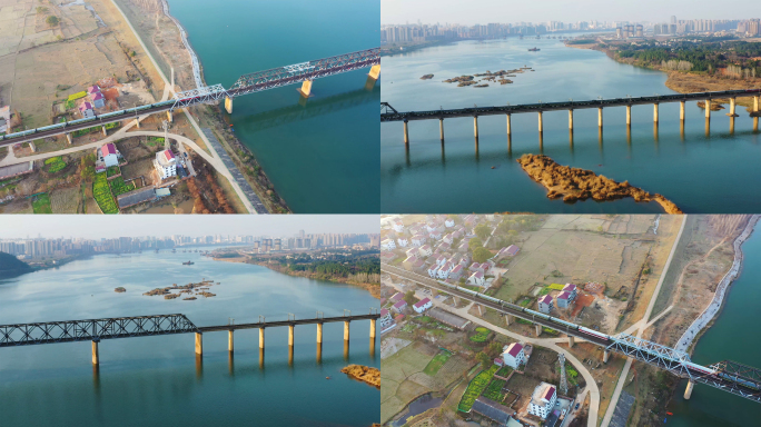 航拍一列火车路过京九铁路赣江大桥