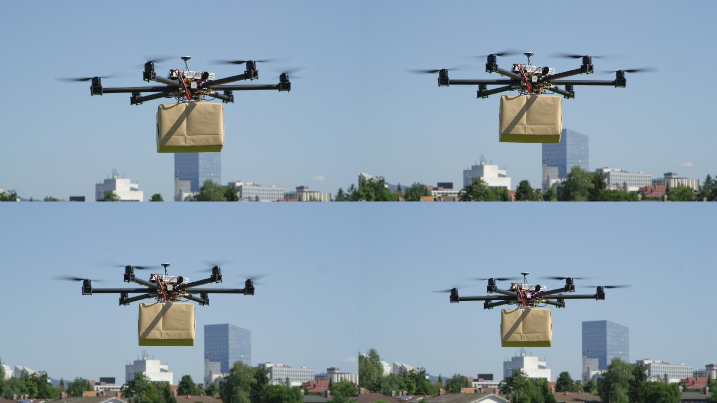 无人机运送棕色邮包进入城市