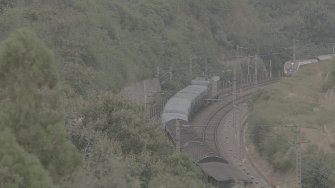 火车和谐号在铁轨山林中跑过4K