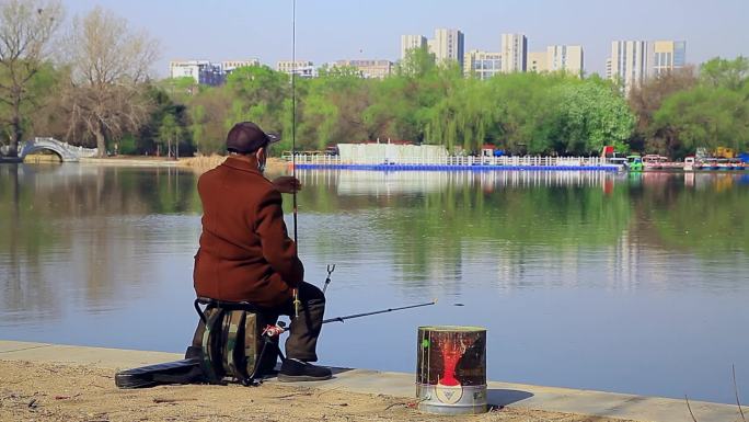 实拍春季老人湖边钓鱼