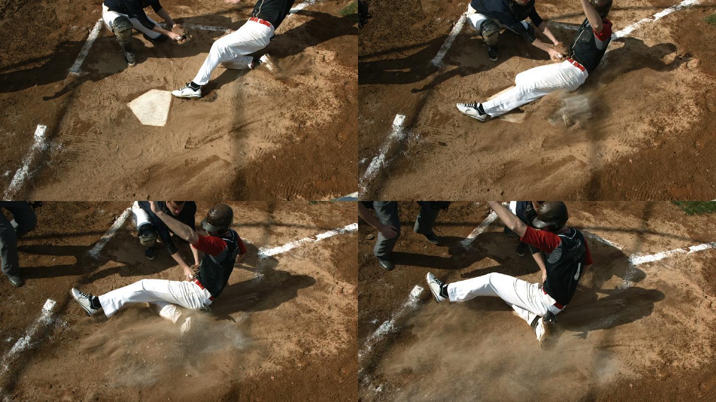 棒球运动员滑入本垒板的俯视图