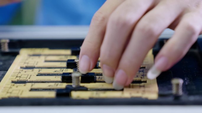 工人在车间流水线检查电路板