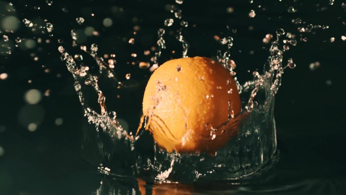 橙子落入水中特写镜头记录
