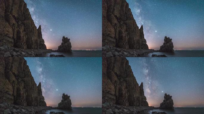 大连海边西湖咀群山中的银河星空延时摄影