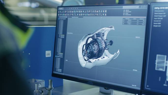 计算机屏幕上显示的发动机三维CAD模型
