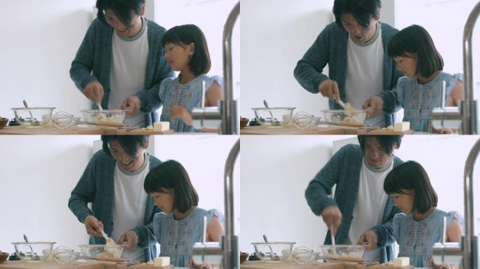 父女俩一起做饭幸福家庭美好生活厨房做家务