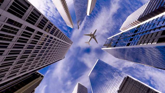 4K飞机掠过城市高楼宣传片素材