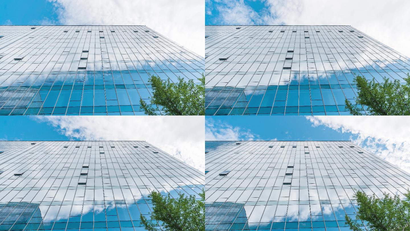 现代办公大楼仰视角蓝天白云延时摄影