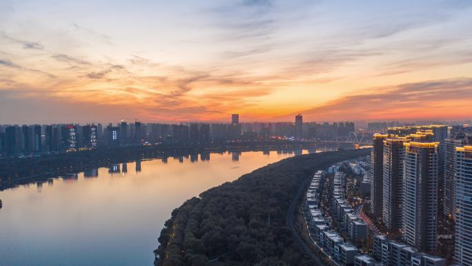 辽宁沈阳浑河日落航拍延时